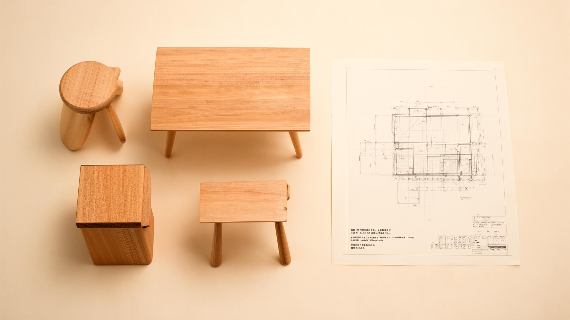 Minimalistisches Stillleben aus Holzmöbeln und Bauplan — Metapher für Self-Service im B2B-Vertrieb
