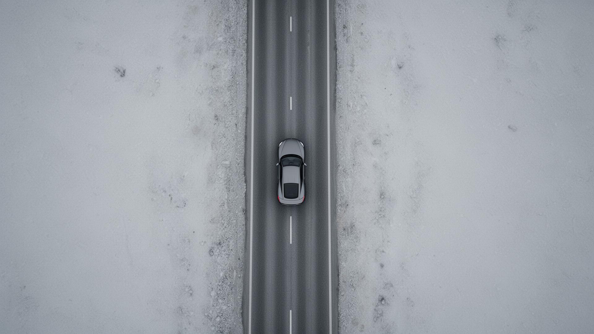 Luftaufnahme einer Sportwagen-Silhouette auf einer nordischen Strasse — Metapher für Standardisierung als Handwerkskunst im Massstab