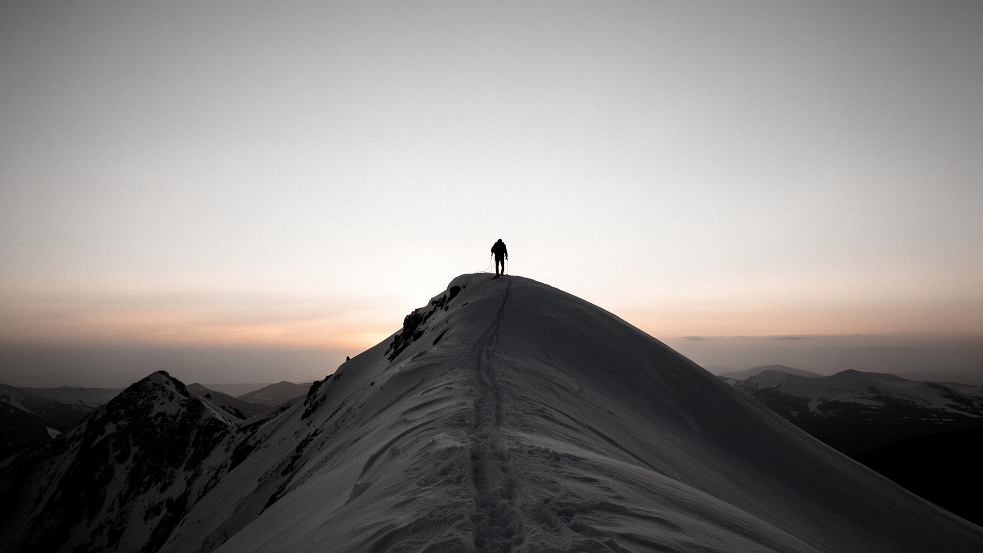 Bergsteiger auf einem nordischen Grat im ersten Licht — Metapher für Geduld und Weitsicht im Vertrieb